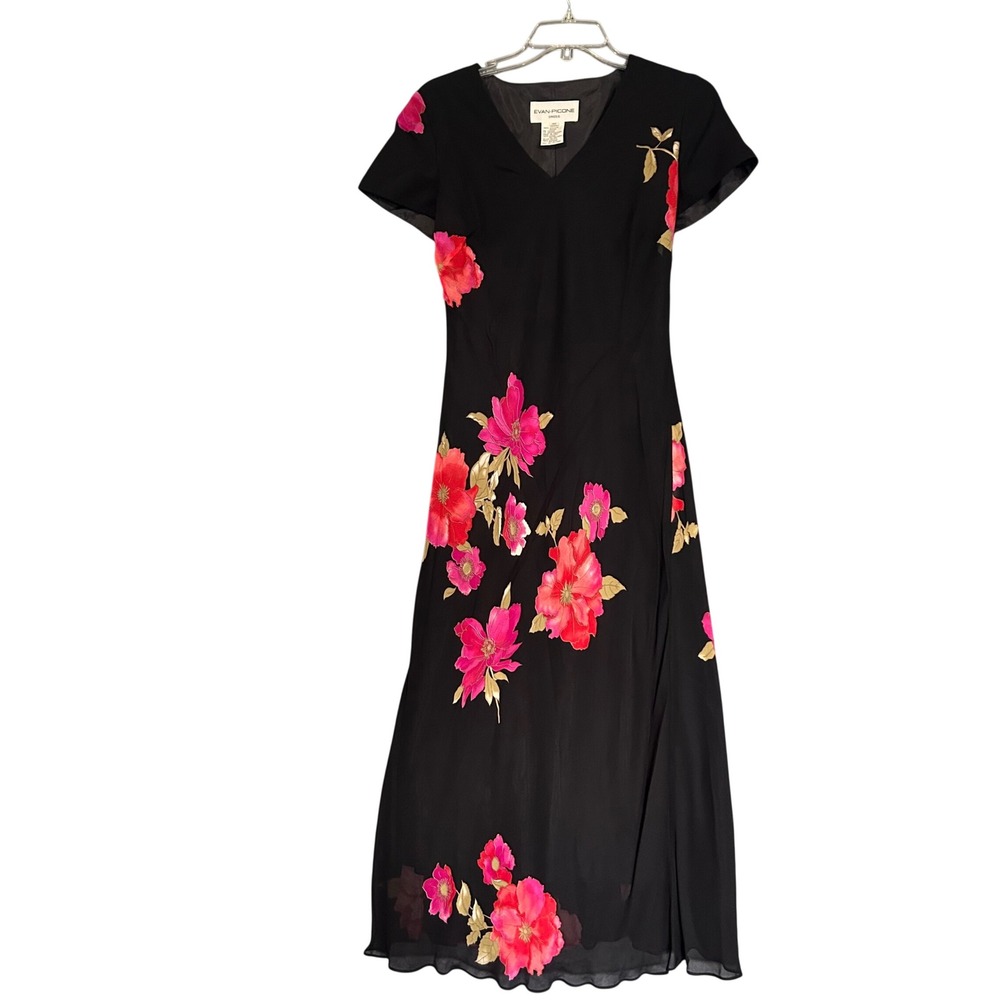 Evan-Picone Black Floral Maxi Dress V-Neck Short Sleeve Viscose Size 10